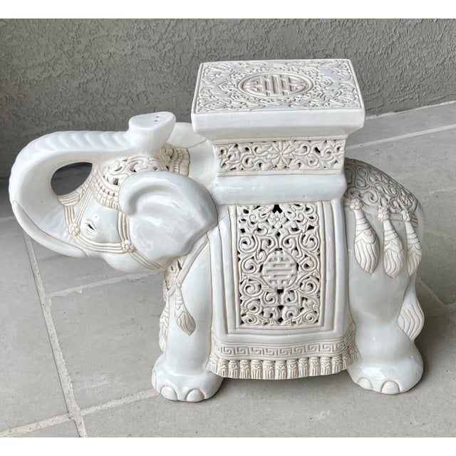 Circa 1970 Fabulous Linen-Hued Earthenware Elephant Garden Stool / Plant Stand For Sale - Image 11 of 18