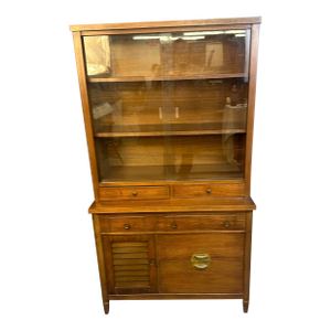 1960s Vintage Mid Century Hoosier Style Solid Wood Hutch W/ Sliding Glass Doors