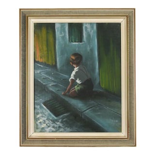 Boy at Play W Marbles Original Painting Signed For Sale