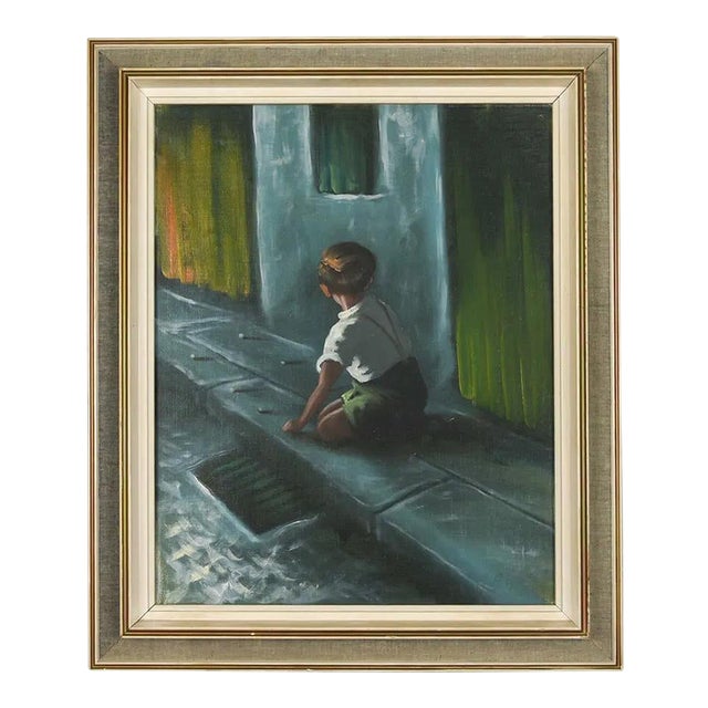 Boy at Play W Marbles Original Painting Signed For Sale