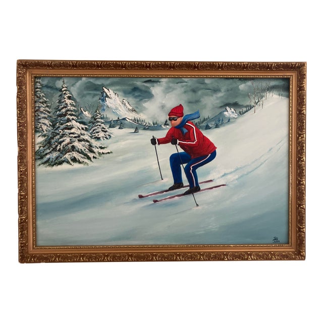 Large Vintage Ski Scene Oil Painting by Phil Julian For Sale