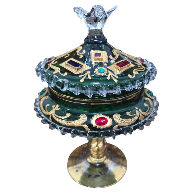 Venetian Emerald Green Glass Covered Bonbonnière with Gilt Decoration and Jewele, 1950 For Sale - Image 14 of 14