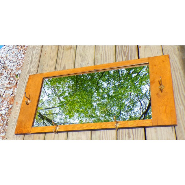 Wood Mission Arts & Crafts Solid Oak Framed Entry Mirror Hat Coat Rack For Sale - Image 7 of 13