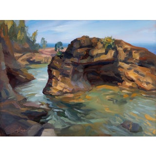 Presque Isle (Day 62) June 23 by Primary Hughes | Oil on masonite Landscape with rocky shoreline and water For Sale