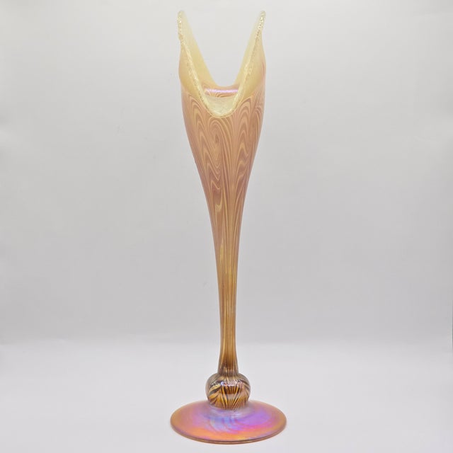 Vandermark Glass Studio Art Nouveau Iridescent Glass Fan Vase For Sale - Image 4 of 11