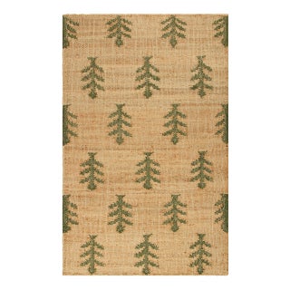 Rug & Kilim's Block Print Flatweave Rug in Beige with Green Floral Patterns - 5x8 For Sale