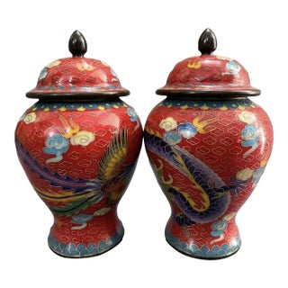 Pair of Vintage Chinese Cloisonné Dragon and Phoenix General Jars, Scarlet Red Cloud Enamel Lidded Chinoiserie Urns For Sale