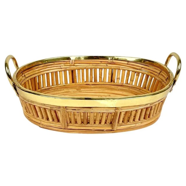 Midcentury Rattan & Brass Centerpiece Basket, Italy, 1970s For Sale - Image 14 of 14