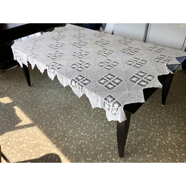 Vintage handmade white cotton crochet with delicate pattern tablecloth in very good condition, some light yellowish stains...
