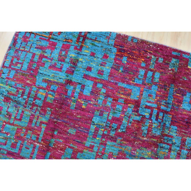 Abstract Rug 5'6'' X 8' Blue Purple Viscose Contemporary Hand-Knotted Carpet For Sale In Philadelphia - Image 6 of 12