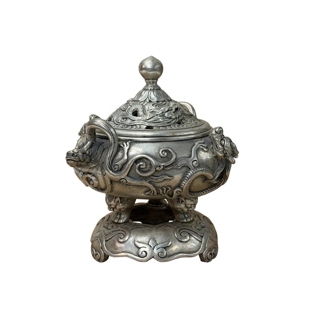 Chinese Silver Color Round Dragon Theme Incense Burner Display Art For Sale In San Francisco - Image 6 of 18