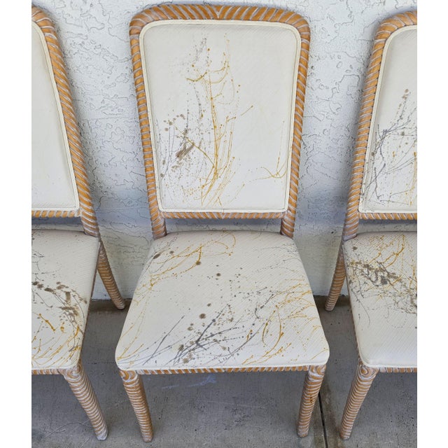 Coastal Carved Faux Rope Solid Wood Dining Chairs Abstract Upholstery Set of 6 For Sale - Image 11 of 18