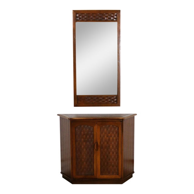 Mcm Entry Console Cabinet And Mirror Basket Weave Style Of Lane