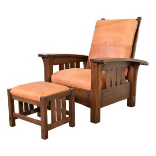 Stickley Mission Oak Arts & Crafts Bow Arm Reclining Morris Lounge Chair With Ottoman For Sale