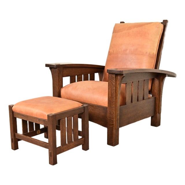Stickley Mission Oak Arts & Crafts Bow Arm Reclining Morris Lounge Chair With Ottoman For Sale