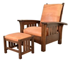 Stickley Mission Oak Arts & Crafts Bow Arm Reclining Morris Lounge Chair With Ottoman