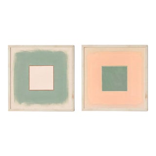 Pair of Sage Green, Pale Pink and Peach Abstract Art Prints | Set of 2, 30 X 30 Prints in Wood Frames For Sale