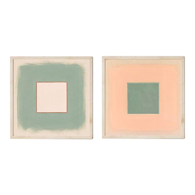 Pair of Sage Green, Pale Pink and Peach Abstract Art Prints | Set of 2, 30 X 30 Prints in Wood Frames For Sale
