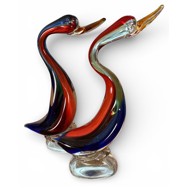 Royal Blue Pair of Hand-Blown Cased Art Glass Swan Sculptures, Murano-Style Mid-Century Modern, 15” For Sale - Image 8 of 12