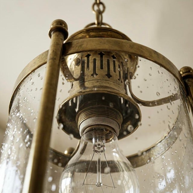 Midcentury Italian Pendant Lamp or Lantern Made of Brass and Blown Glass, From the 1970s For Sale - Image 4 of 6