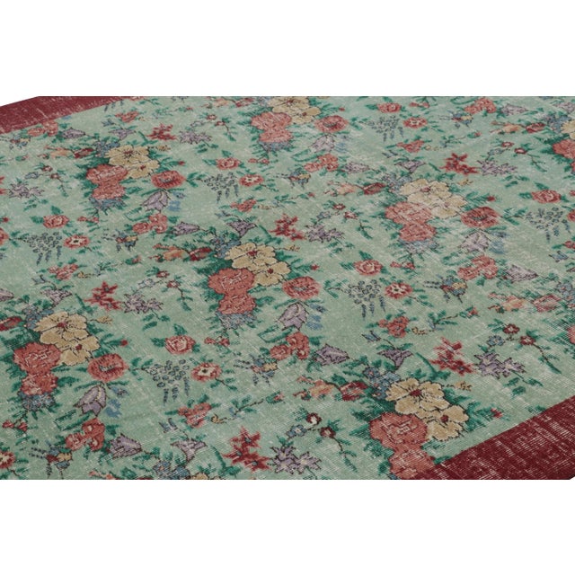 Rug & Kilim Vintage Distressed Rug, Soft Sage and Red Floral Allover Pattern - Rug & Kilim For Sale - Image 4 of 8