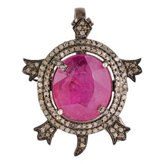 8 Carat Ruby & Diamond Pavé Turtle Animal Brooch Cum Pendant in 925 Sterling Silver For Sale