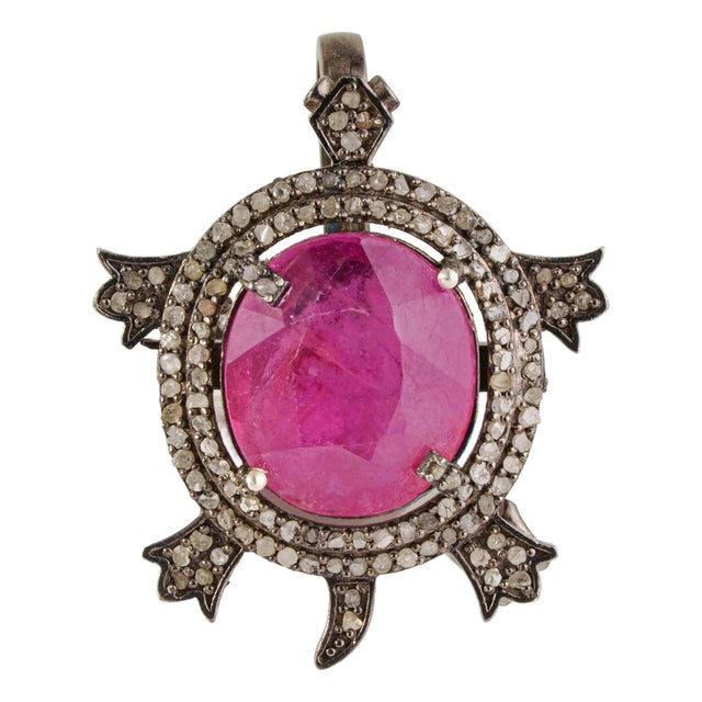 8 Carat Ruby & Diamond Pavé Turtle Animal Brooch Cum Pendant in 925 Sterling Silver For Sale