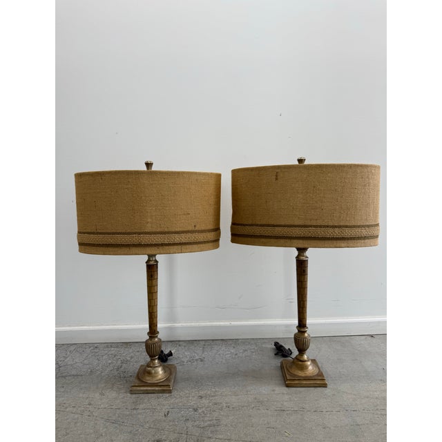 Vintage Mid-Century Carved Wood & Brass Table Lamps - Pair With Original Shades For Sale - Image 10 of 10