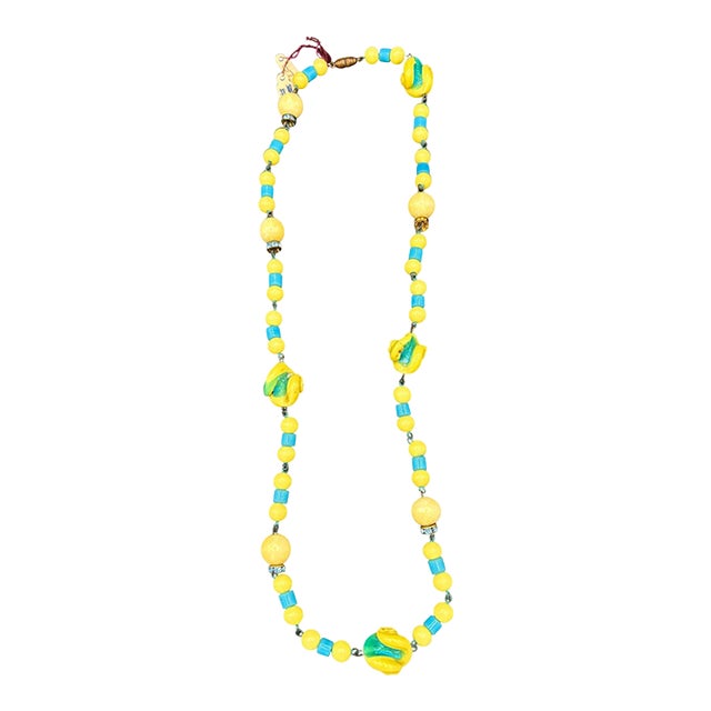 1930s Czechoslovakian Art Deco Yellow White & Blue Bohemian Art Glass Bead Necklace For Sale