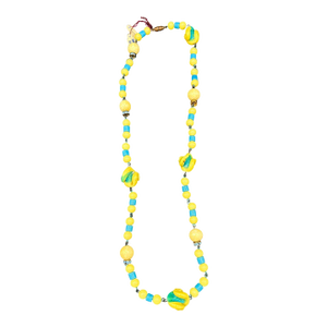 1930s Czechoslovakian Art Deco Yellow White & Blue Bohemian Art Glass Bead Necklace