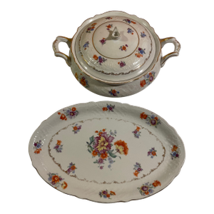 Vintage Bavarian Platter & Covered Dish in Colorful Flower Pattern