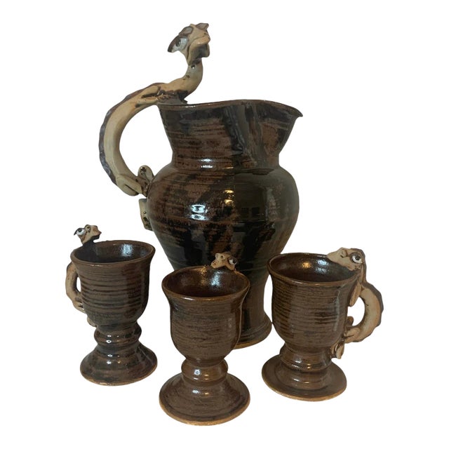 1980s Ceramic Dragon Mugs and Pitcher Attributed to Marcus Villagrán- 4 Pieces For Sale