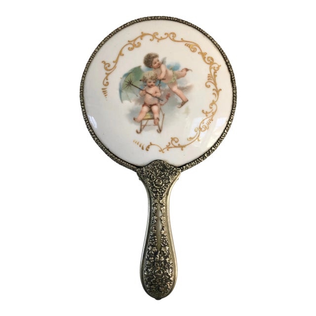 Vintage French-Style Hand-Decorated Porcelain Putti Hand Mirror For Sale