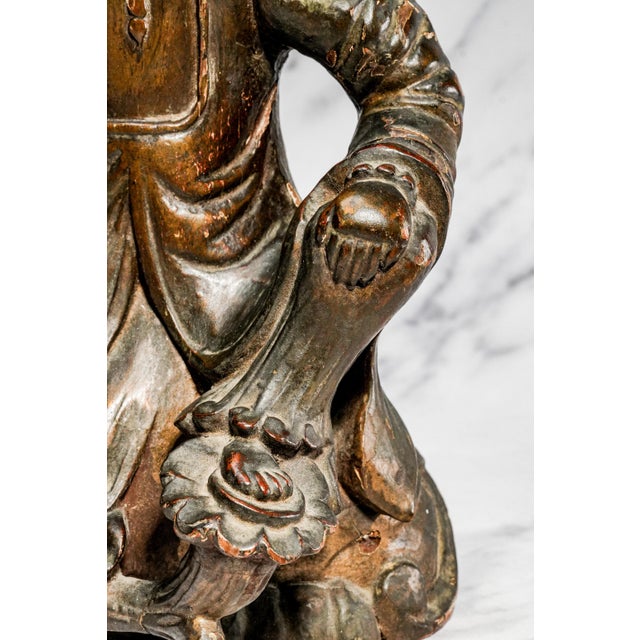 Hand Carved Large Antique Chinese Guanyin Wood Sculpture on Dragon Buddhist Asian Home Decor For Sale In New York - Image 6 of 17
