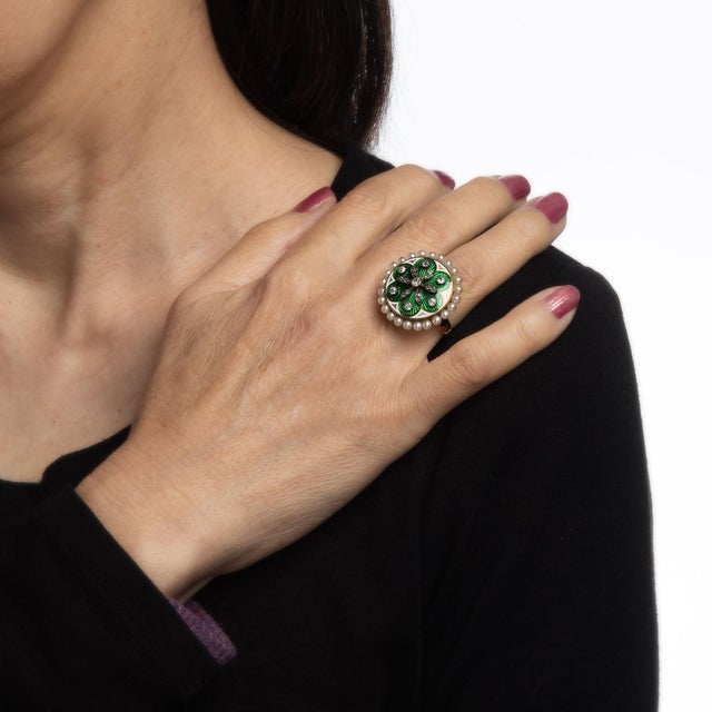 Stylish vintage diamond & pearl cocktail ring crafted in 14 karat yellow gold. Old European & rose cut diamonds total an...