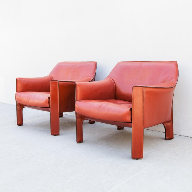 Vintage Cassina Model 415 Cab Lounge Chairs in Terracotta Leather by Mario Bellini For Sale - Image 13 of 15