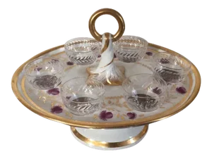 Early 19th Century English Coalport Porcelain Stand with Cut Crystal Glasses - 7 Pieces