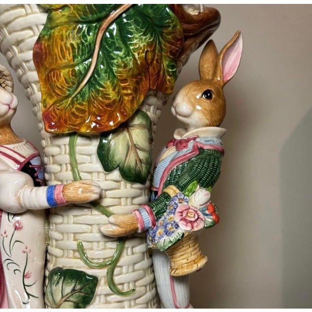 Traditional Mint Condition Vintage Fitz & Floyd "Old World Rabbits" 12" Ceramic Centerpiece Vase For Sale - Image 3 of 12