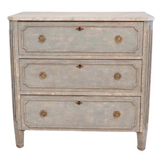 Mid 20th Century Swedish Gustavian-Style Blue Chest of Drawers with Faux Marble Top For Sale