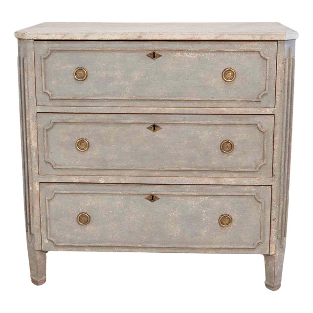 Mid 20th Century Swedish Gustavian-Style Blue Chest of Drawers with Faux Marble Top For Sale