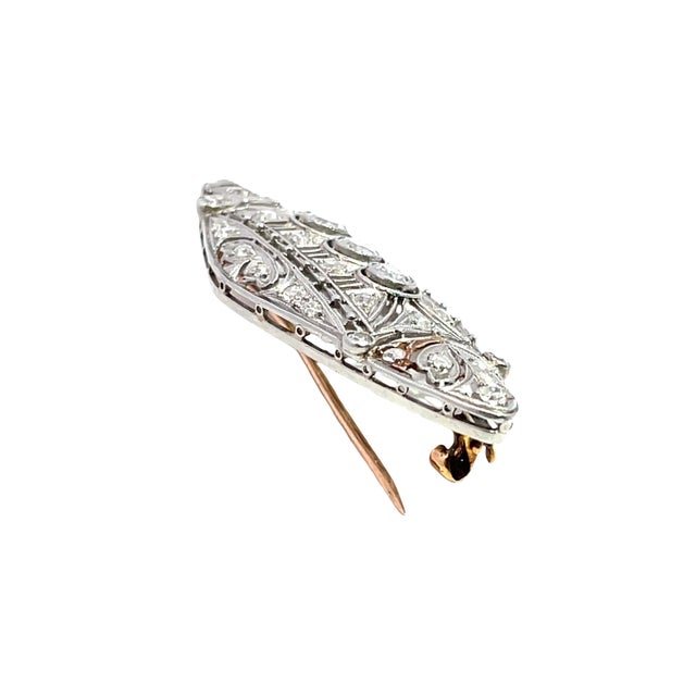 Metal Antique Art Deco Platinum & 14k Yellow Gold Diamonds Studded Brooch For Sale - Image 7 of 9