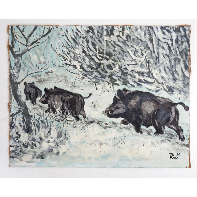 Rustic Vintage Wild Boars in Snowy Winter Forest Painting For Sale - Image 3 of 4