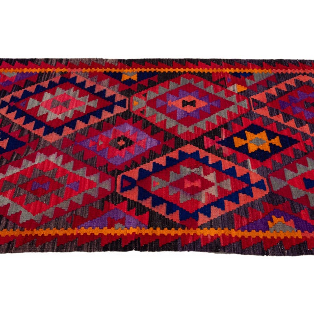 1950s Vintage Kilim Handmade Flatweave Multicolor Geometric Wool Runner 3' 3'' X 10' 10'' For Sale - Image 5 of 11