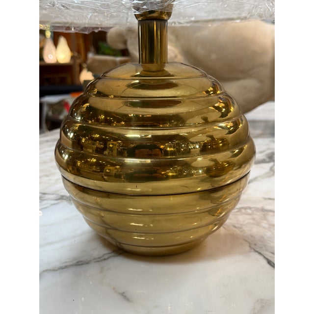 Modern 1970s Brass Ribbed Base Table Lamps With Drum Shades - a Pair For Sale - Image 3 of 7