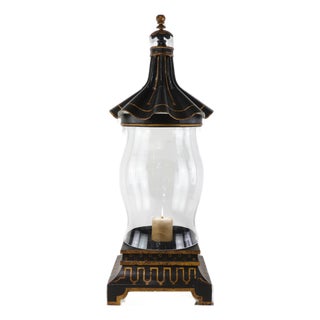 Vintage Black and Gold Pagoda Top Hurrican Candle Holder Lantern With Glass Globe For Sale