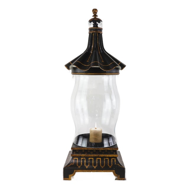 Vintage Black and Gold Pagoda Top Hurrican Candle Holder Lantern With Glass Globe For Sale