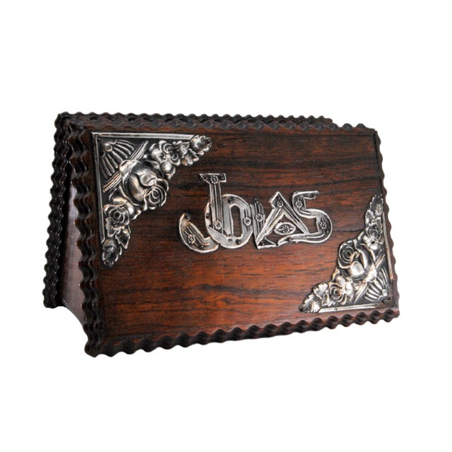 Wooden Jewelry Box with Silver Applications on the Lid and the Words Jewels., in Good conditions.