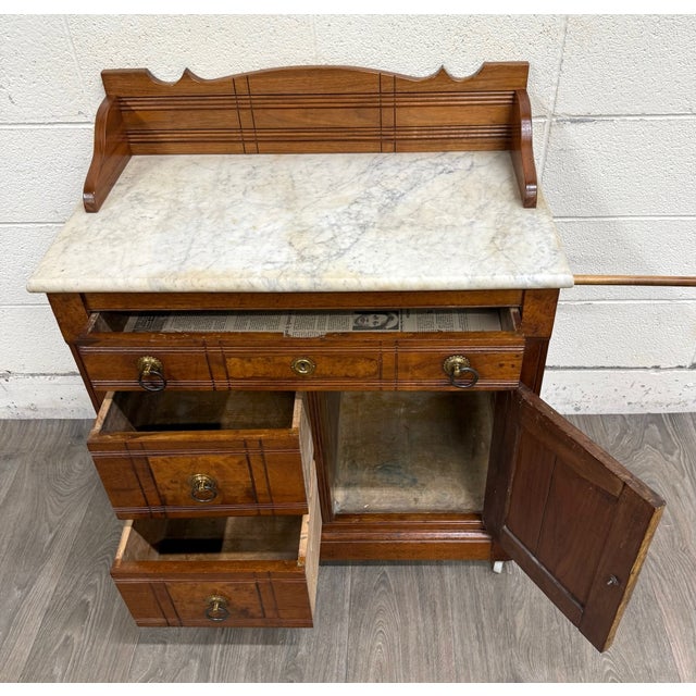 Victorian Antique Victorian Eastlake Style Walnut Marble Top Cabinet Commode Washstand For Sale - Image 3 of 12