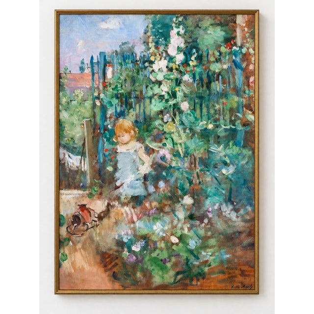 This vintage art print reproduction of Berthe Morisot’s Child among the Hollyhocks (1881) depicts a young child surrounded...