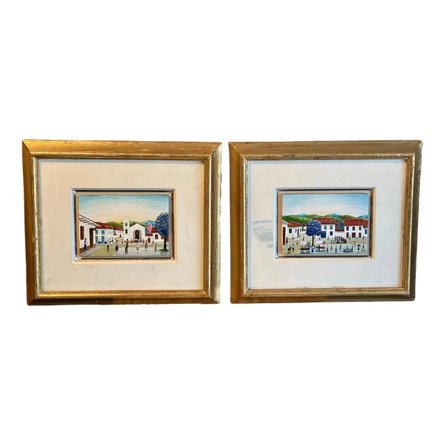 Vintage Miniature Mexican Themed Paintings Signed, Framed - a Pair For Sale